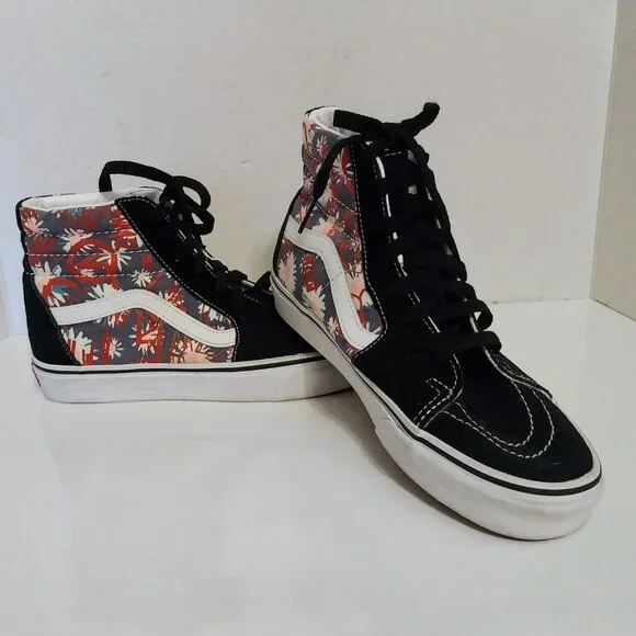 VANS OFF THE WALL BLACK SUEDE/FLOWER CANVAS HIGH TOPS M-7 W-8.5 - Picture 8 of 11